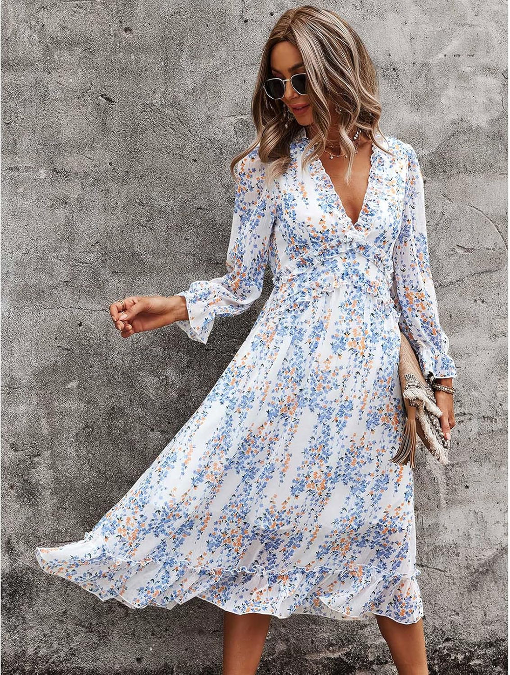 Alexa Women's Floral Robe – V-Neck, Long Sleeves, Casual Elegant Flowing Fit