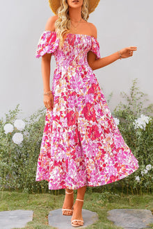Juanna Midi Dress for Women Summer – Square Neck Smocked Dress with Puff Sleeves & Ruffles