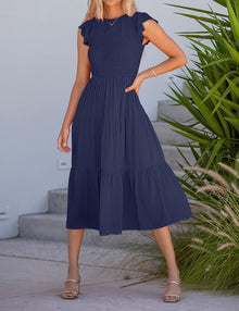 Louise Midi Dress for Women – Summer Smocked Dress with Flounce Sleeves, Elegant A-Line Cut