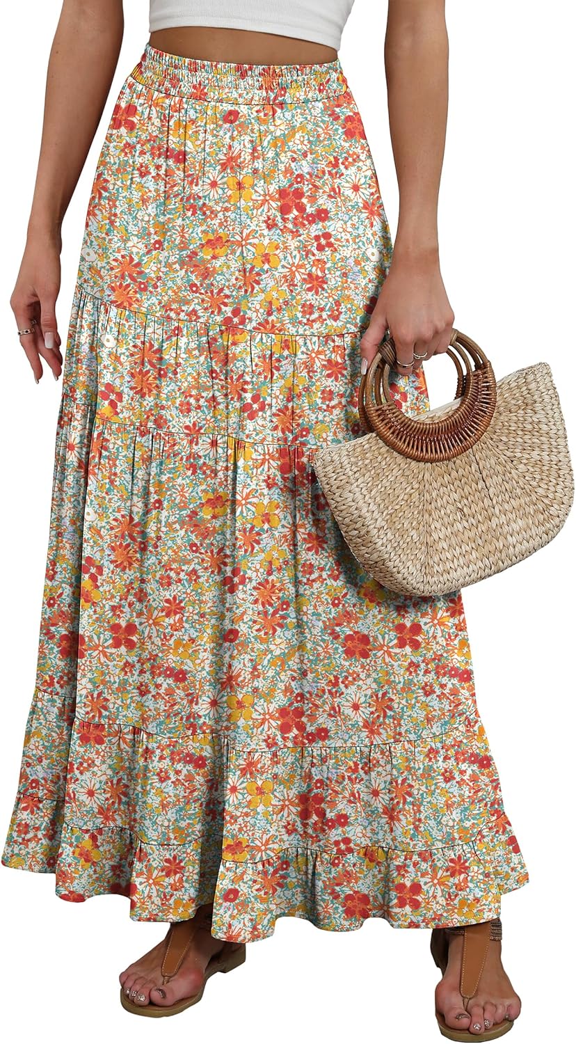 Rita Jupe Maxi Women’s – Bohemian Rayon Skirt High Waist Ruffles A-Line