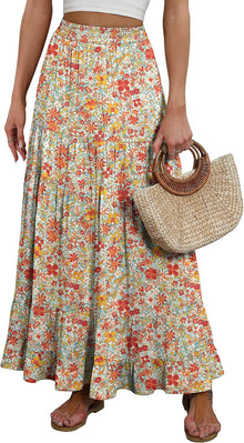 Rita Jupe Maxi Women’s – Bohemian Rayon Skirt High Waist Ruffles A-Line