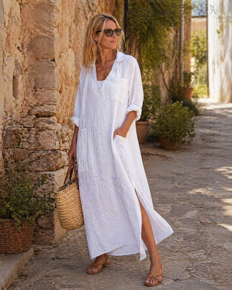 Genesa Women's Shirt Dress – Long Buttoned Cotton Linen Dress, Loose Fit & Casual Style