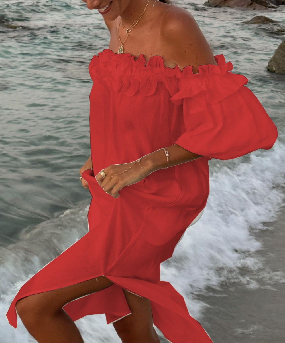 Valentina Maxi Dress Woman – Boho Dress Off-Shoulder Cotton with Ruffles & Bardot Neckline