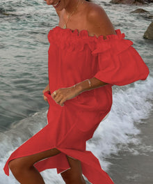Valentina Maxi Dress Woman – Boho Dress Off-Shoulder Cotton with Ruffles & Bardot Neckline