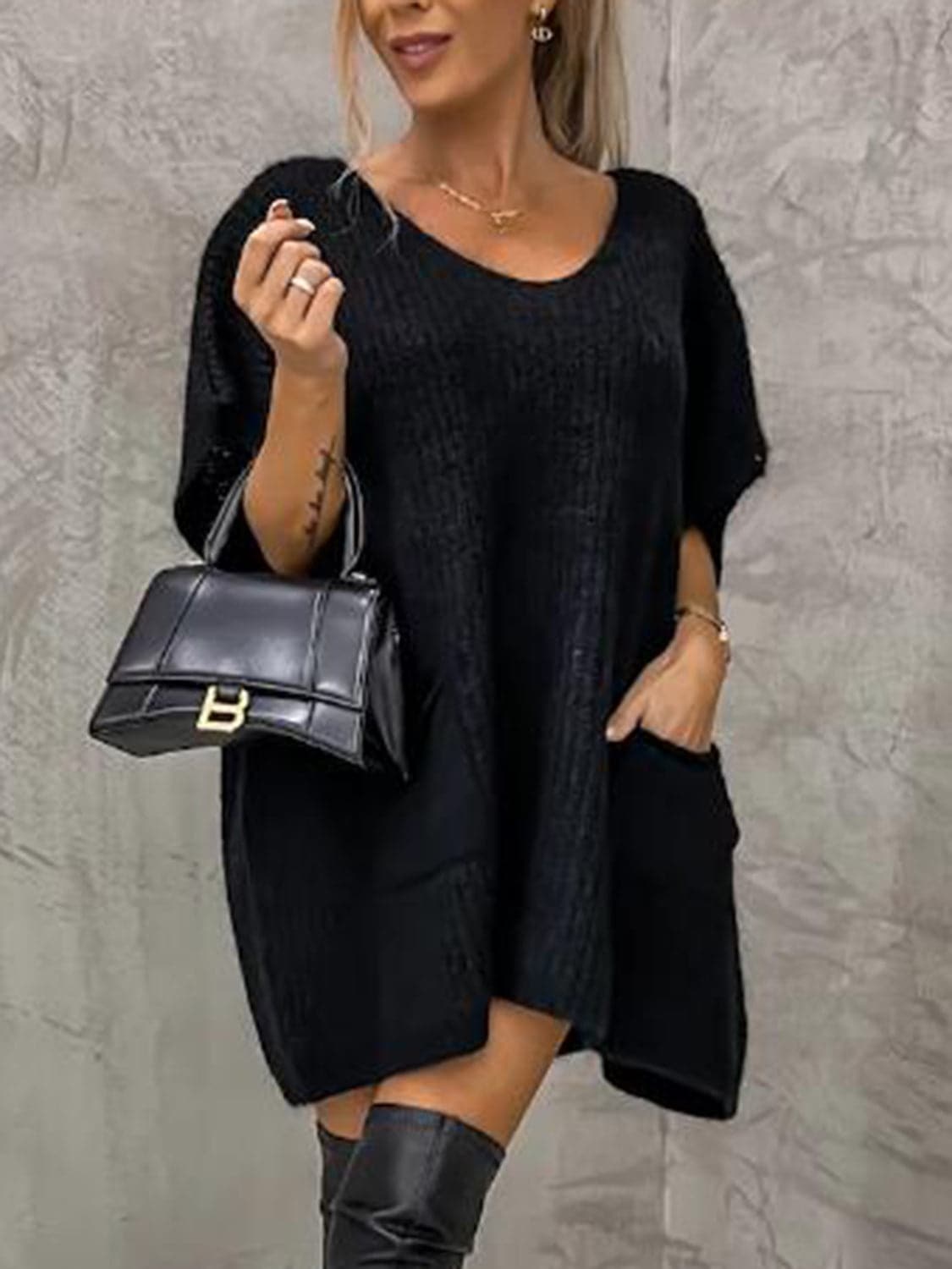 Francesca Knitted Dress for Women – Soft Knit with V-Neck, Relaxed Fit, Short Sleeves and Front Pockets