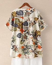 T-Shirt Woman Elisse – Casual T-Shirt with Floral Print, Cotton-Linen Mix & Knotted Detail