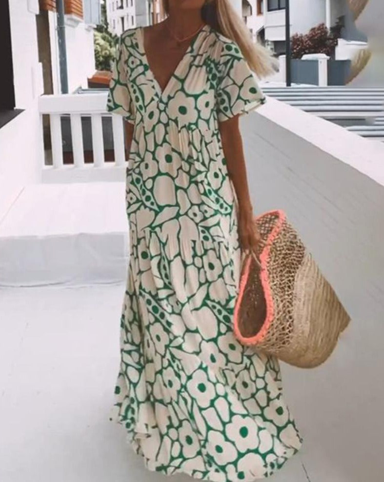 Ester Long Floral Dress Woman – Short Ruffled Sleeves & Summer Cream Green Print