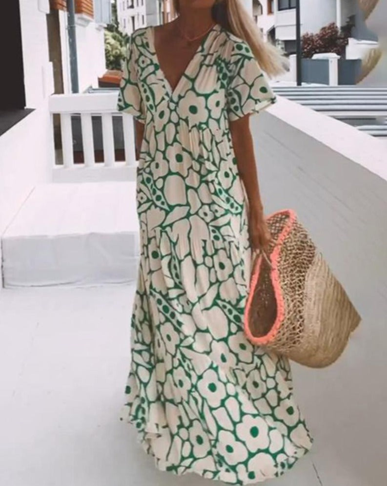 Ester Long Floral Dress Woman – Short Ruffled Sleeves & Summer Cream Green Print