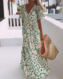 Ester Long Floral Dress Woman – Short Ruffled Sleeves & Summer Cream Green Print