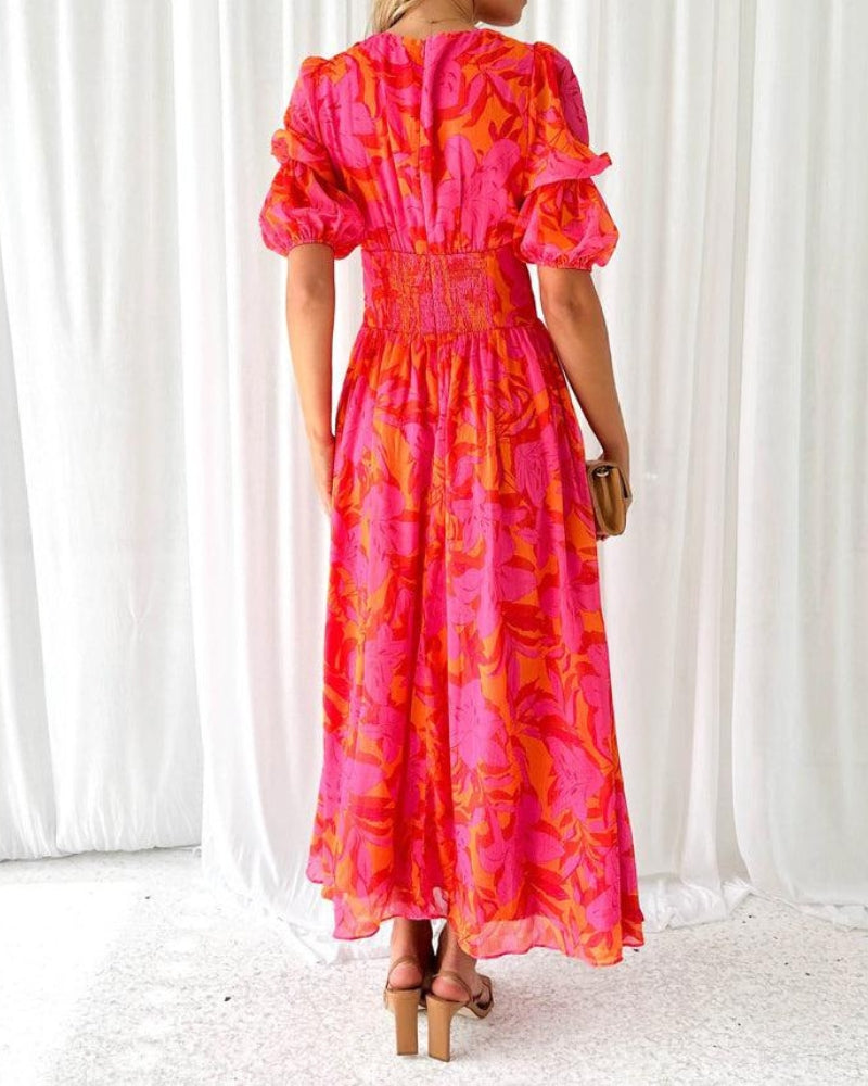 Dorothy Classic Dress Woman – V-neck & Puff Sleeves in Elegant Red Pink