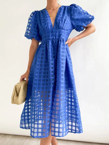 Mylene Midi Dress Woman – Chic Checkered Dress with Volume & Bright Color