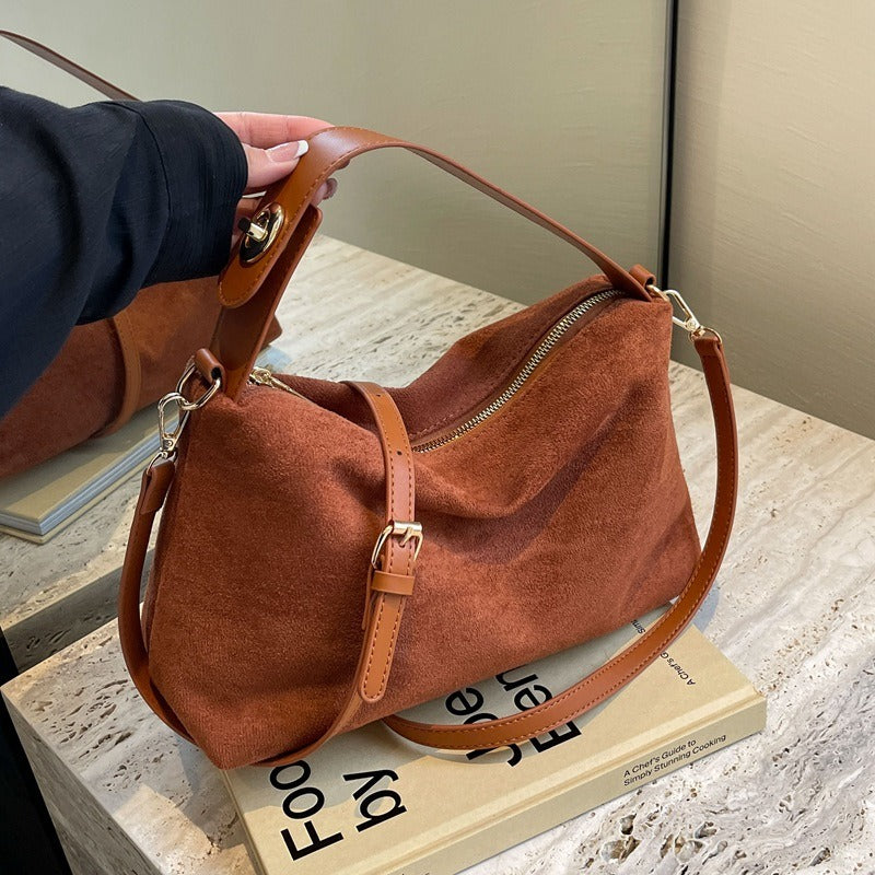 Maëlle Shoulder Bag Woman – Elegant Suede Bag with Faux Leather Handle & Large Compartment