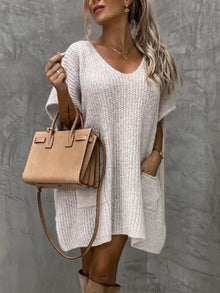 Francesca Knitted Dress for Women – Soft Knit with V-Neck, Relaxed Fit, Short Sleeves and Front Pockets