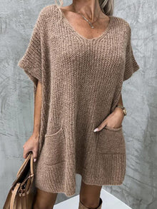 Francesca Knitted Dress for Women – Soft Knit with V-Neck, Relaxed Fit, Short Sleeves and Front Pockets