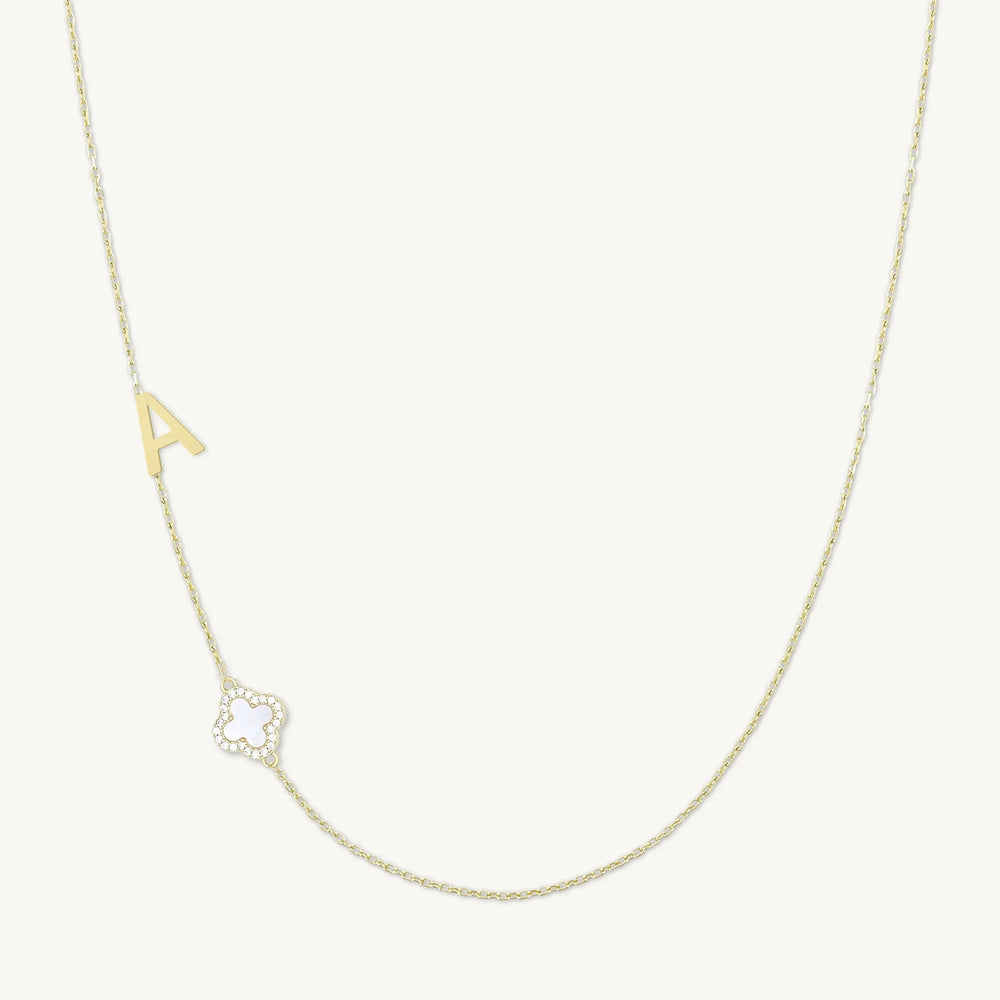 Sideways Single Initial Letter Clover MOP Necklace
