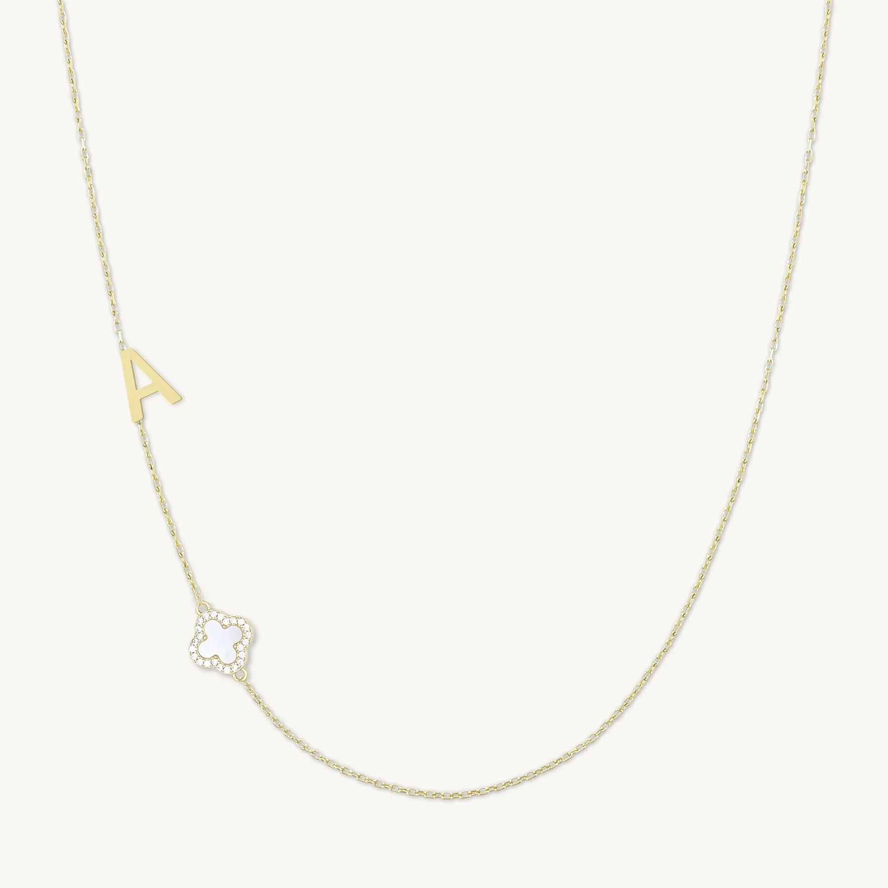 Sideways Single Initial Letter Clover MOP Necklace