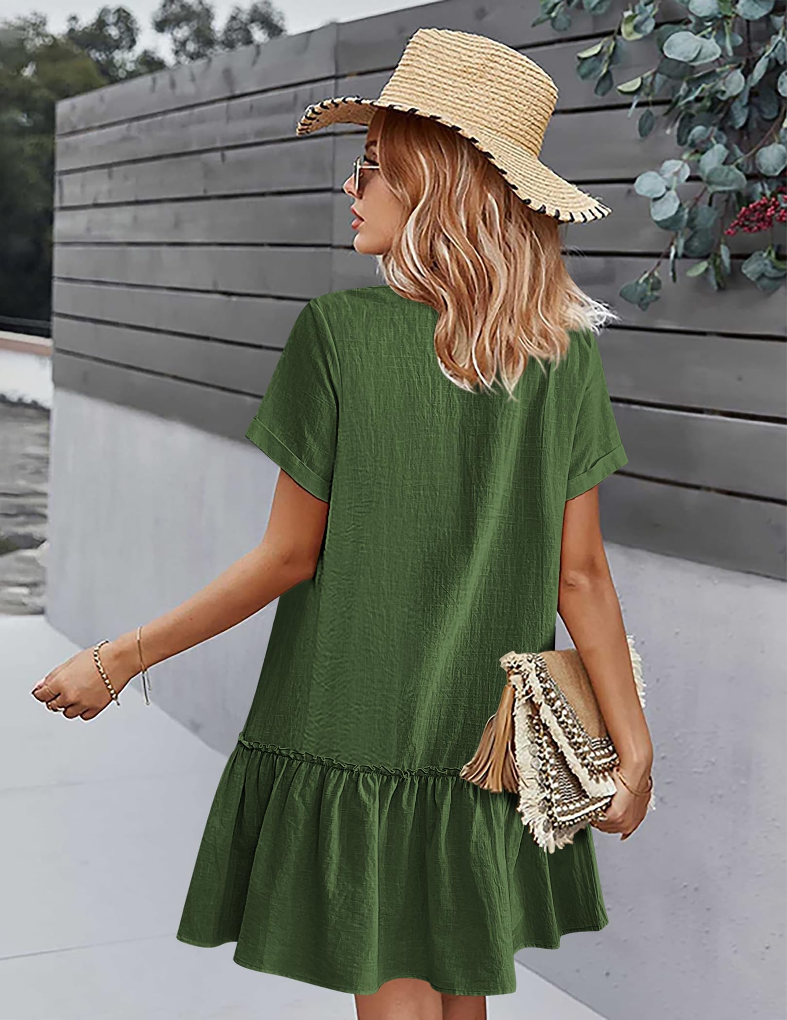 Trixie Women's Dress – Buttoned V-Neck, Cotton Linen Loose Fit & Ruffled Hem Summer