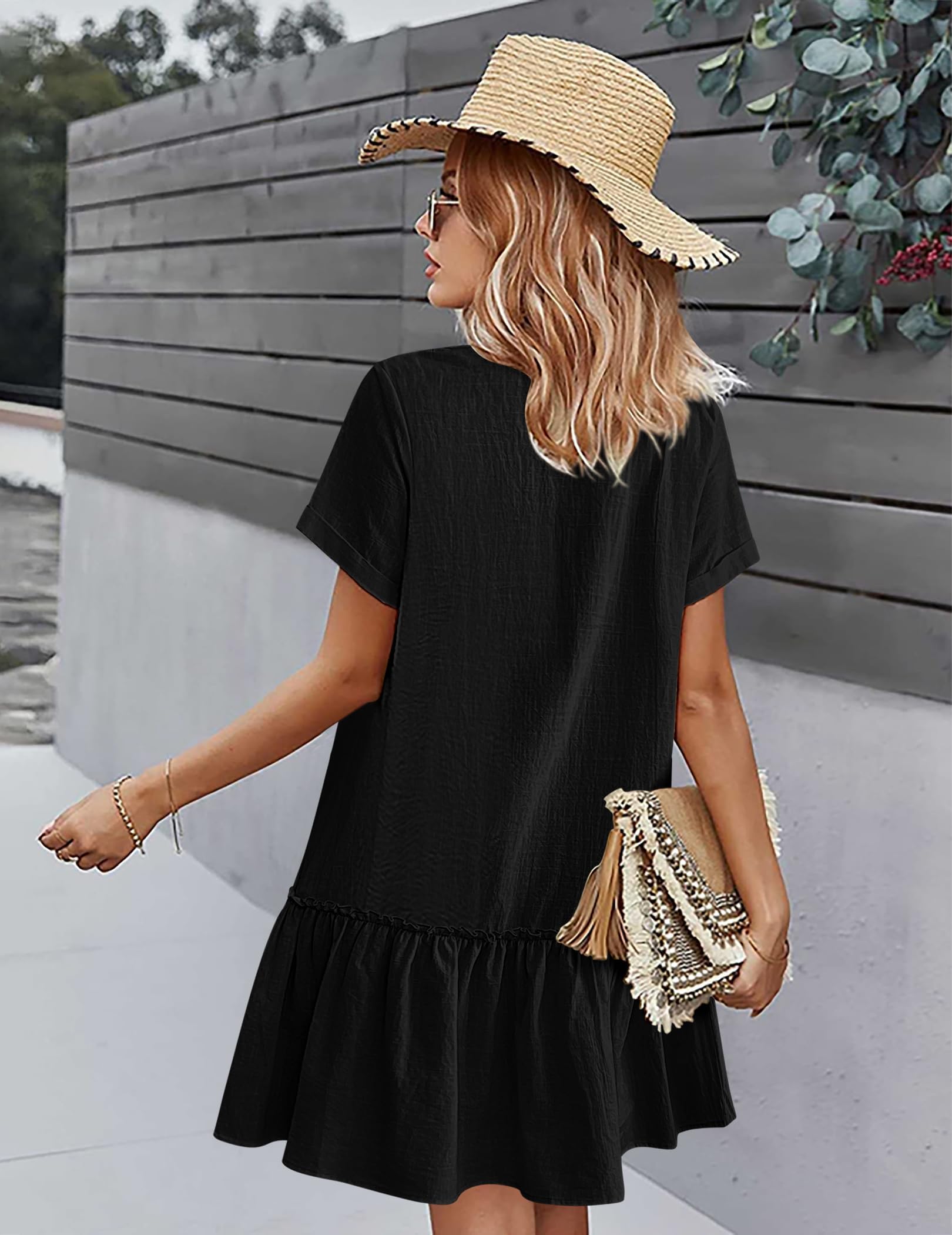 Trixie Women's Dress – Buttoned V-Neck, Cotton Linen Loose Fit & Ruffled Hem Summer