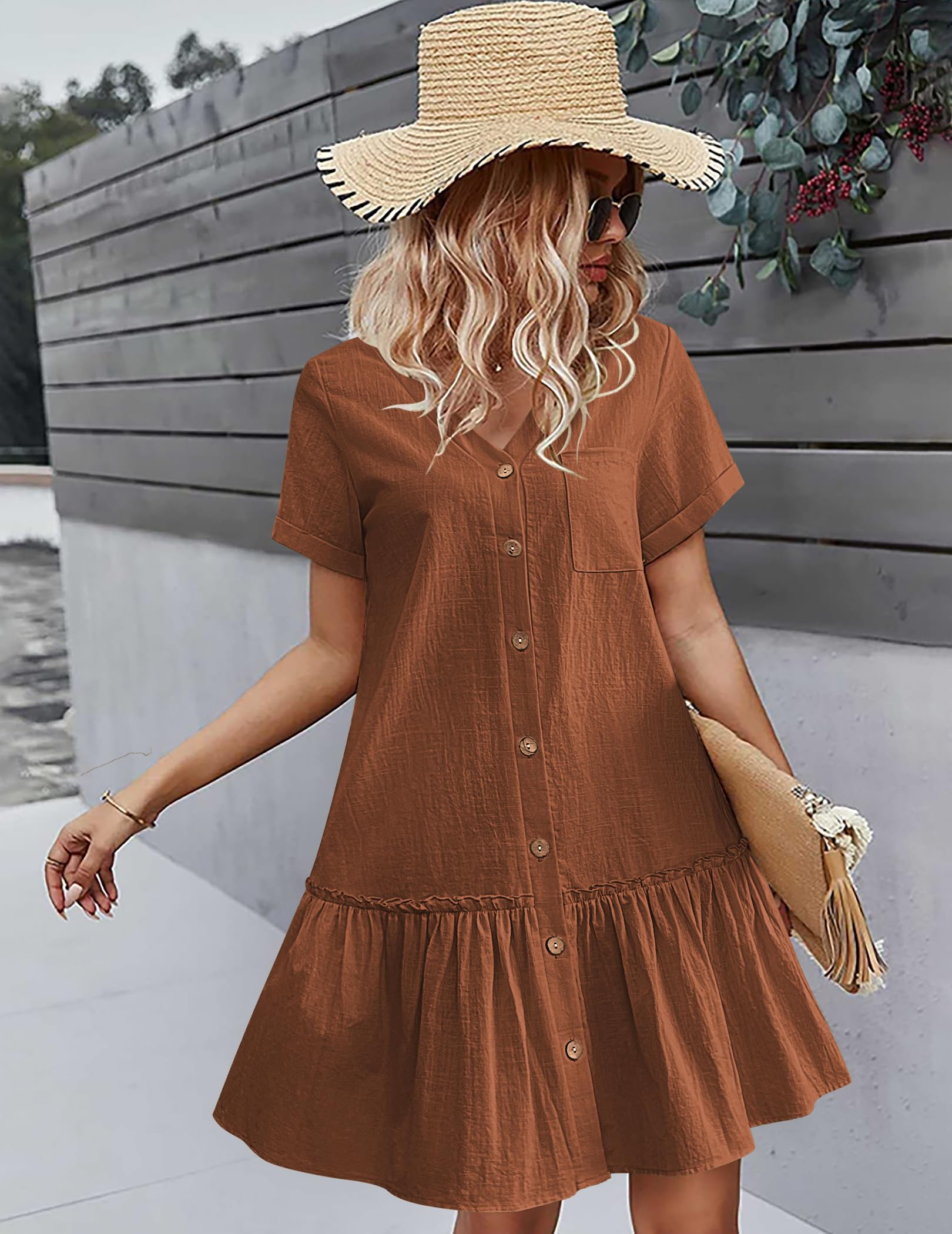 Trixie Women's Dress – Buttoned V-Neck, Cotton Linen Loose Fit & Ruffled Hem Summer