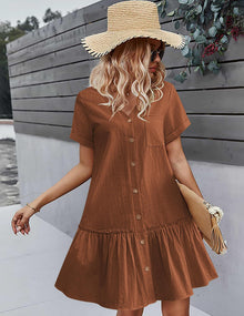 Trixie Women's Dress – Buttoned V-Neck, Cotton Linen Loose Fit & Ruffled Hem Summer