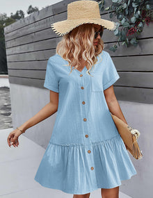 Trixie Women's Dress – Buttoned V-Neck, Cotton Linen Loose Fit & Ruffled Hem Summer