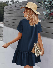 Trixie Women's Dress – Buttoned V-Neck, Cotton Linen Loose Fit & Ruffled Hem Summer