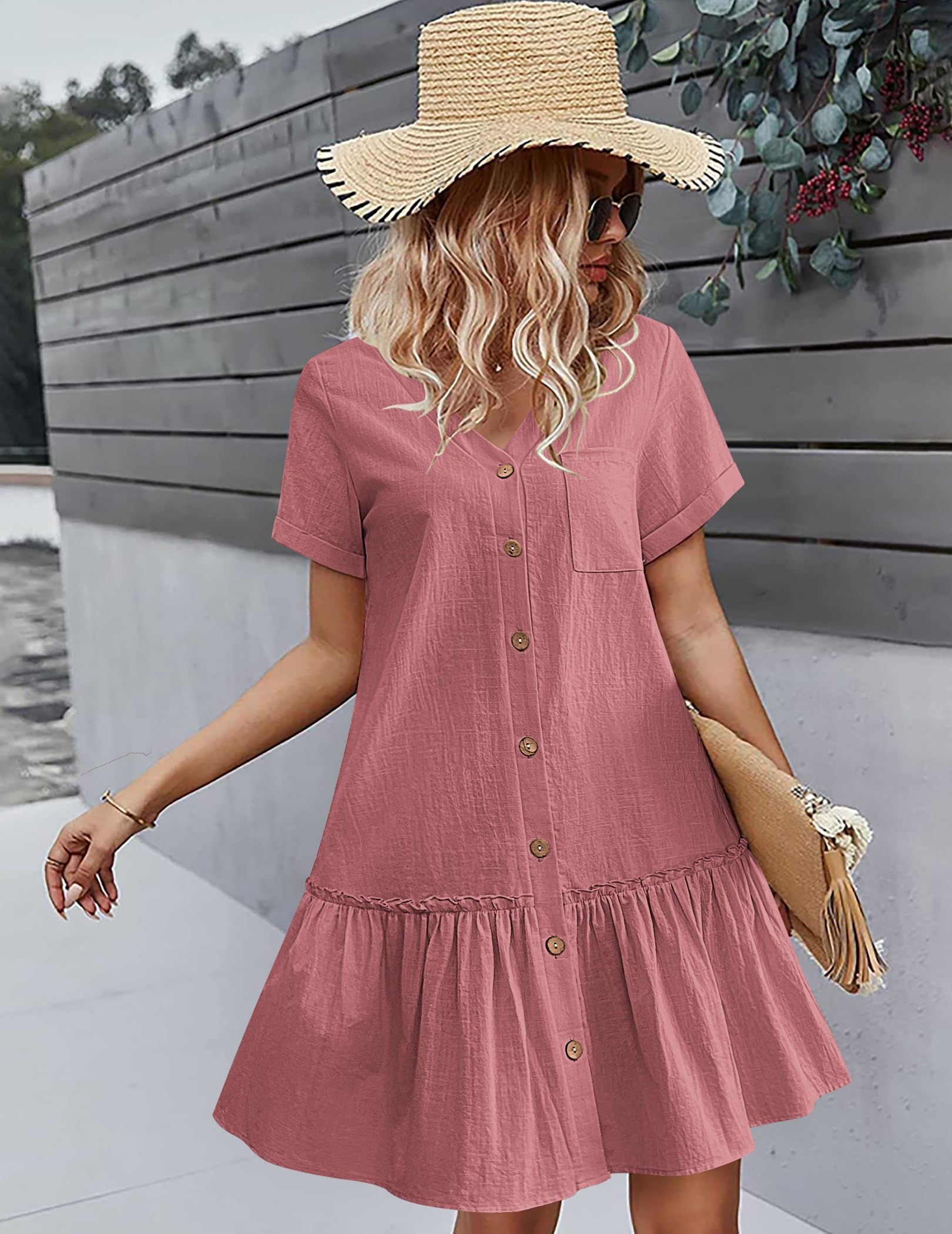 Trixie Women's Dress – Buttoned V-Neck, Cotton Linen Loose Fit & Ruffled Hem Summer