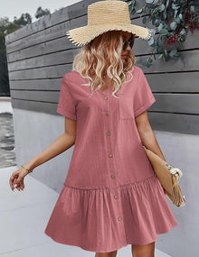 Trixie Women's Dress – Buttoned V-Neck, Cotton Linen Loose Fit & Ruffled Hem Summer
