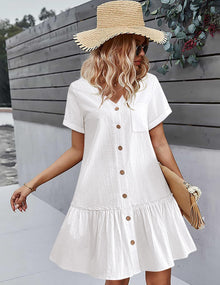 Trixie Women's Dress – Buttoned V-Neck, Cotton Linen Loose Fit & Ruffled Hem Summer