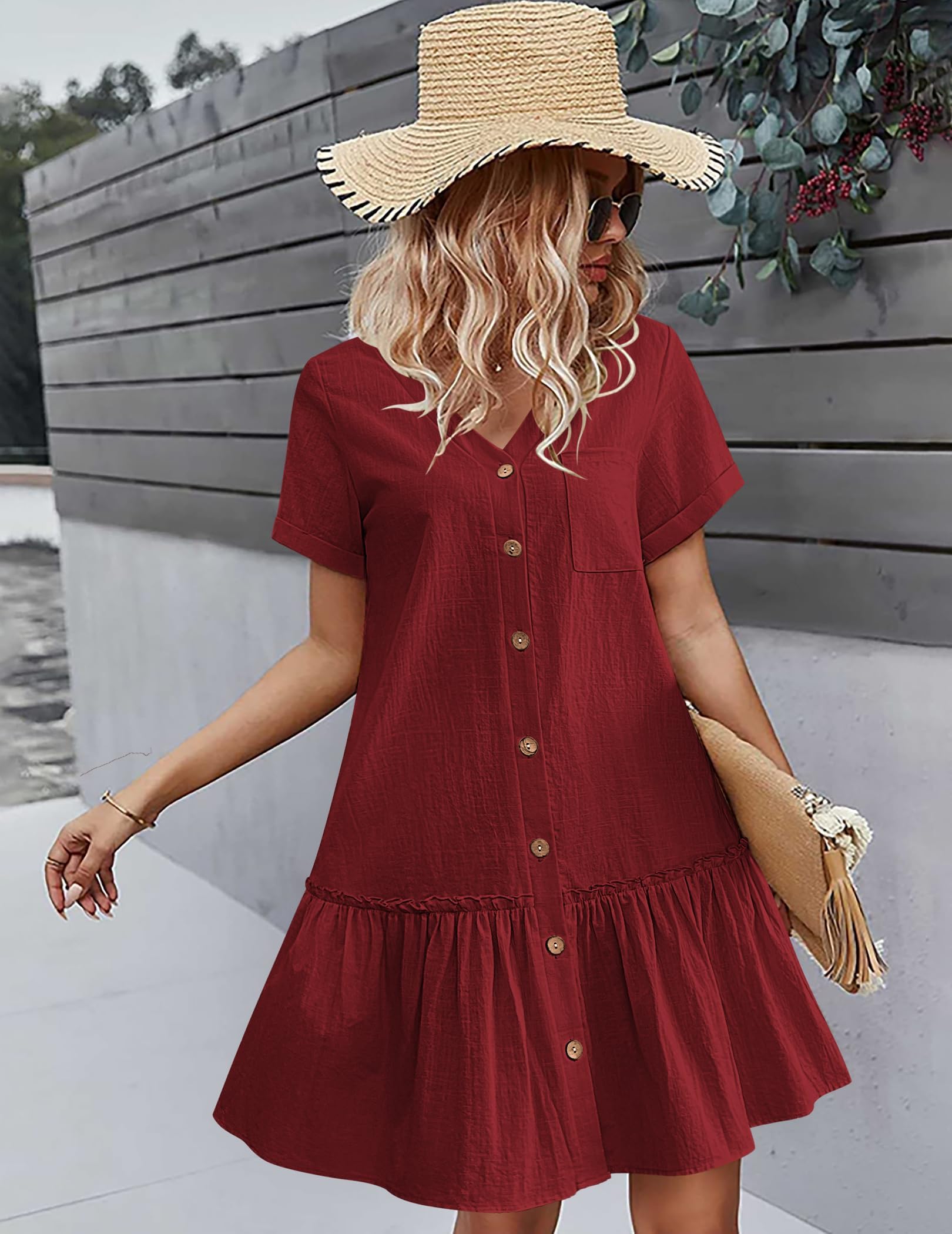 Trixie Women's Dress – Buttoned V-Neck, Cotton Linen Loose Fit & Ruffled Hem Summer