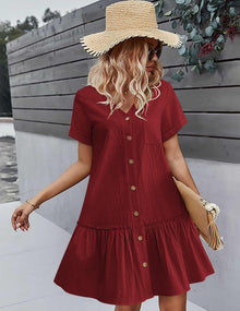Trixie Women's Dress – Buttoned V-Neck, Cotton Linen Loose Fit & Ruffled Hem Summer