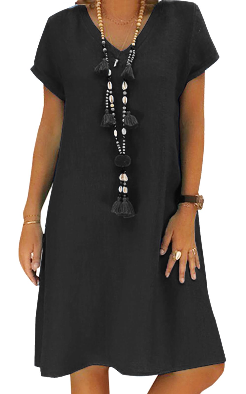 Jessa Women's Robe – Cotton Linen V-Neck, Loose A-Line Cut & Midi Summer Pockets
