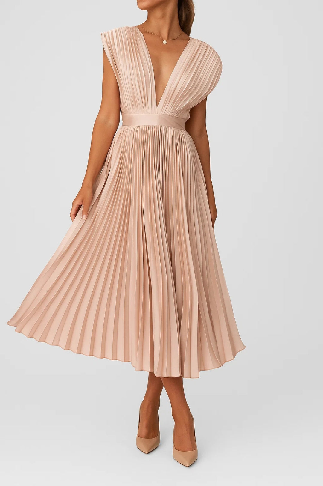 Xiomara Robe Femme – Elegant Pleated Midi Dress with V-Neck & Fitted Waist