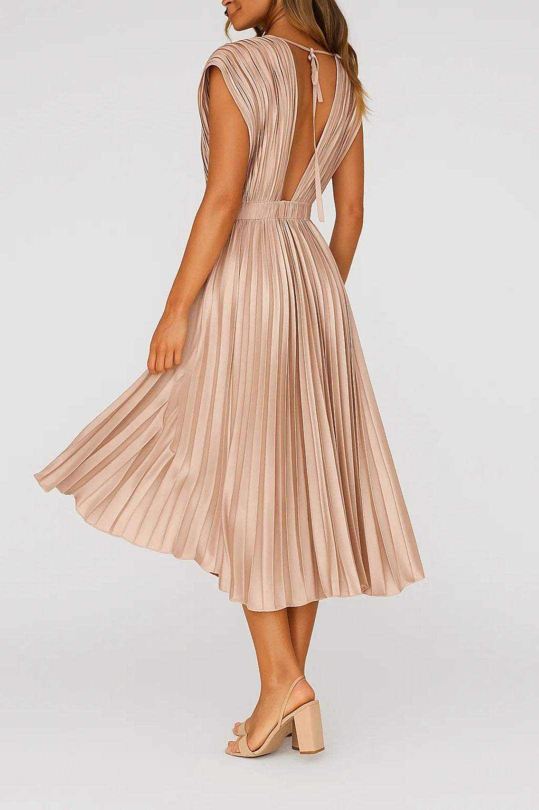 Xiomara Robe Femme – Elegant Pleated Midi Dress with V-Neck & Fitted Waist
