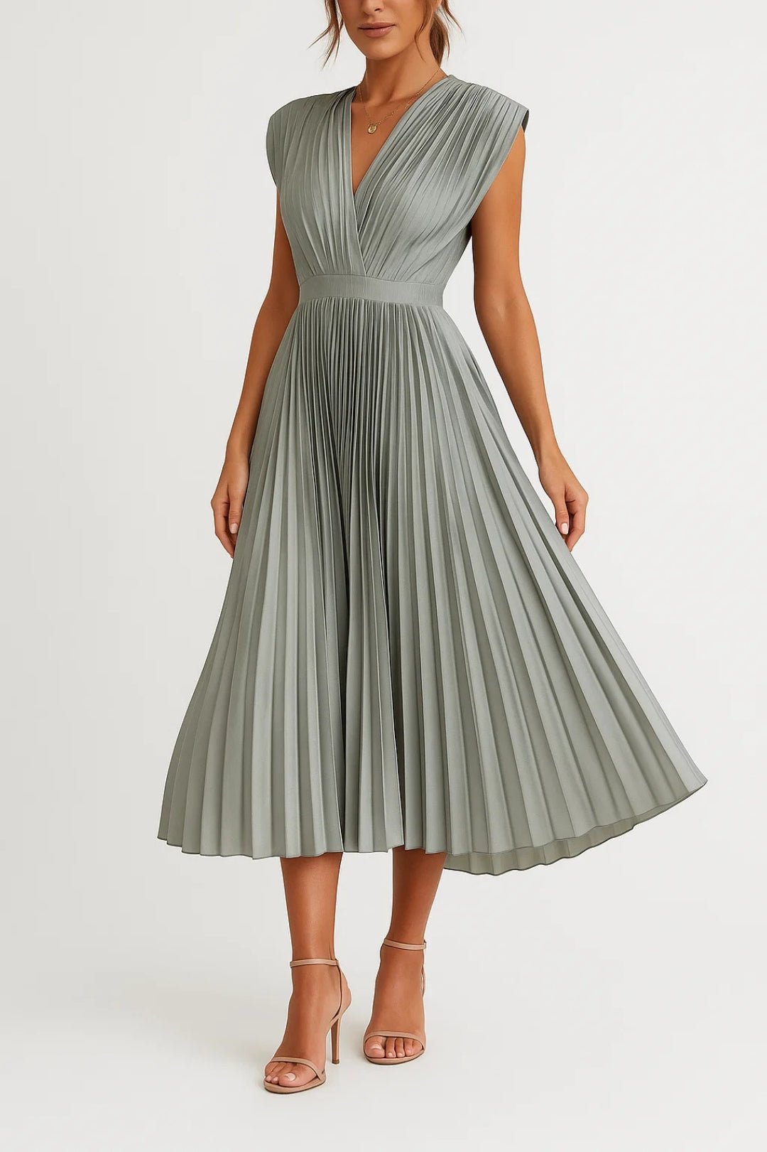 Xiomara Robe Femme – Elegant Pleated Midi Dress with V-Neck & Fitted Waist