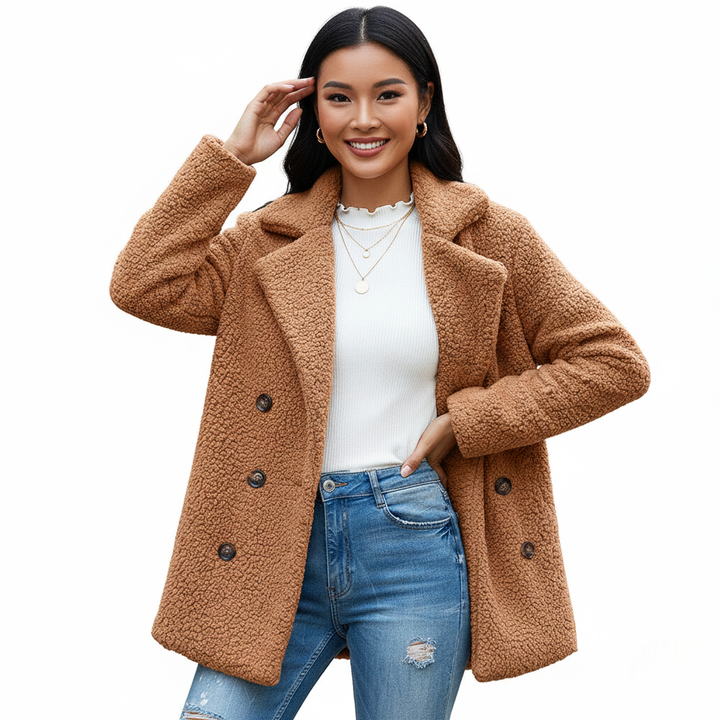 Alina Teddy Coat for Women – Soft Reversible Jacket with Lapel Collar and Button Closure