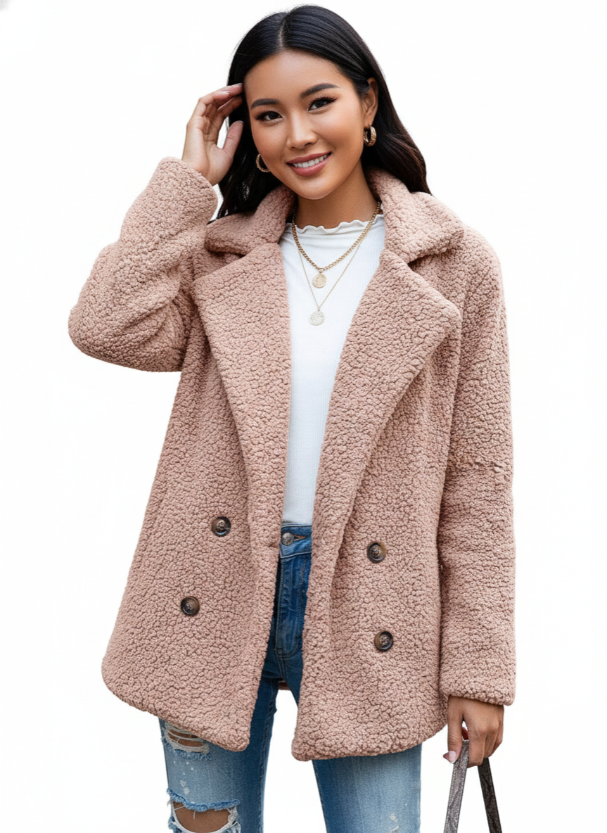 Alina Teddy Coat for Women – Soft Reversible Jacket with Lapel Collar and Button Closure