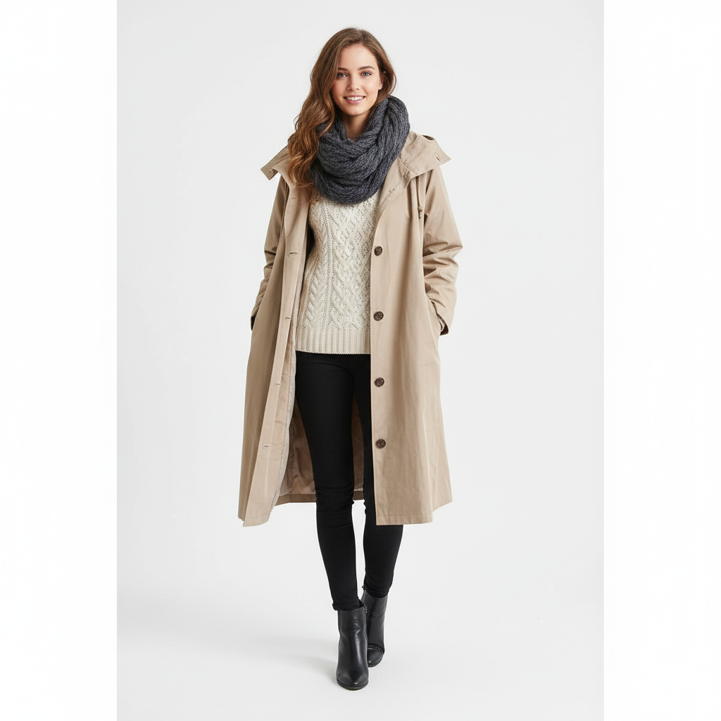 Arlyn Women's Trenchcoat – Long Oversized Coat with Hood & Elegant Cut