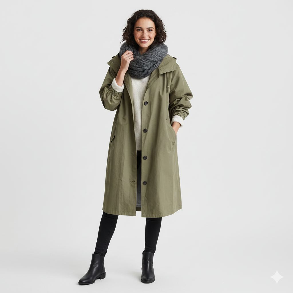 Arlyn Women's Trenchcoat – Long Oversized Coat with Hood & Elegant Cut