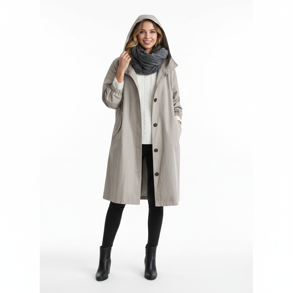 Arlyn Women's Trenchcoat – Long Oversized Coat with Hood & Elegant Cut