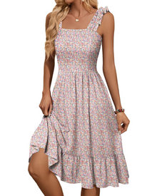 Armenia Midi Dress for Women – Summer Dress with Square Neck and Elastic Straps, Flowing A-Line Cut with Ruffles