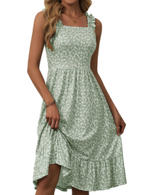 Armenia Midi Dress for Women – Summer Dress with Square Neck and Elastic Straps, Flowing A-Line Cut with Ruffles