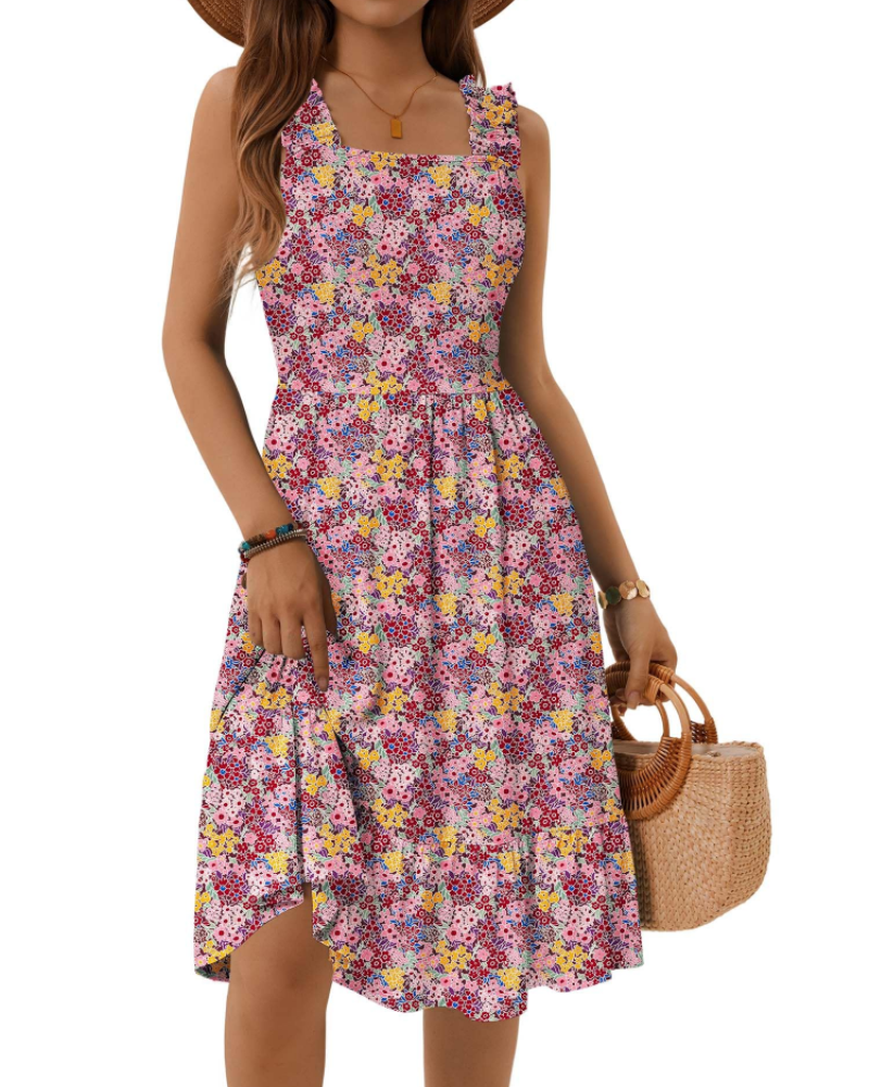 Armenia Midi Dress for Women – Summer Dress with Square Neck and Elastic Straps, Flowing A-Line Cut with Ruffles