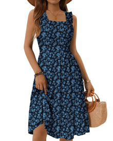 Armenia Midi Dress for Women – Summer Dress with Square Neck and Elastic Straps, Flowing A-Line Cut with Ruffles