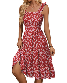Armenia Midi Dress for Women – Summer Dress with Square Neck and Elastic Straps, Flowing A-Line Cut with Ruffles