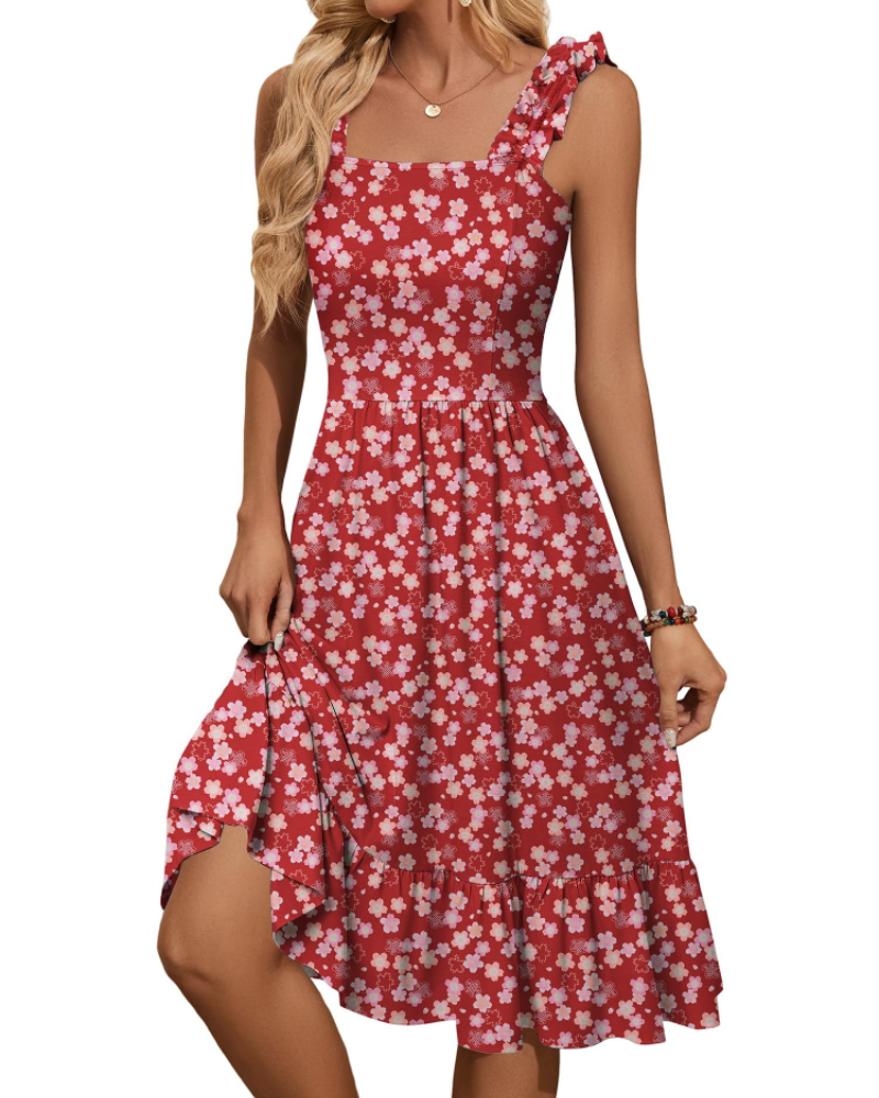Armenia Midi Dress for Women – Summer Dress with Square Neck and Elastic Straps, Flowing A-Line Cut with Ruffles