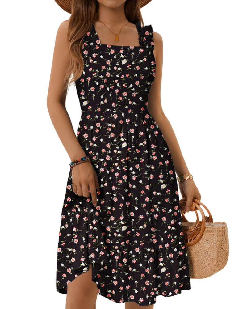 Armenia Midi Dress for Women – Summer Dress with Square Neck and Elastic Straps, Flowing A-Line Cut with Ruffles