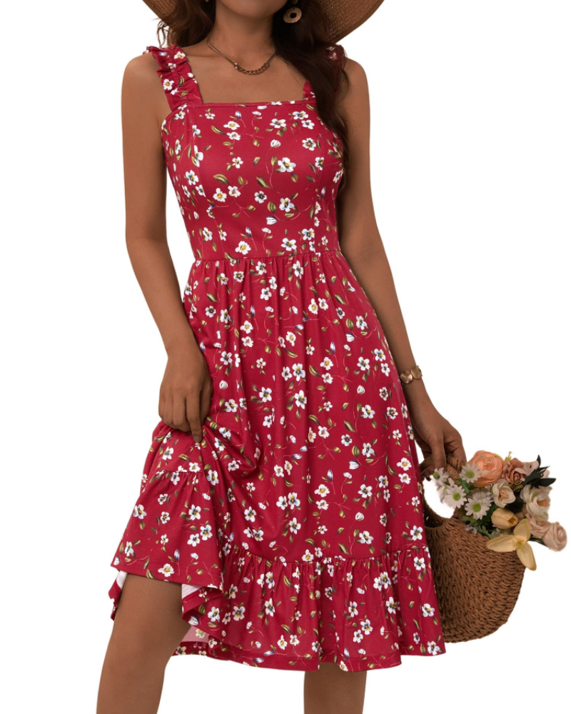 Armenia Midi Dress for Women – Summer Dress with Square Neck and Elastic Straps, Flowing A-Line Cut with Ruffles