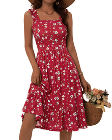 Armenia Midi Dress for Women – Summer Dress with Square Neck and Elastic Straps, Flowing A-Line Cut with Ruffles