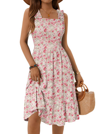 Armenia Midi Dress for Women – Summer Dress with Square Neck and Elastic Straps, Flowing A-Line Cut with Ruffles